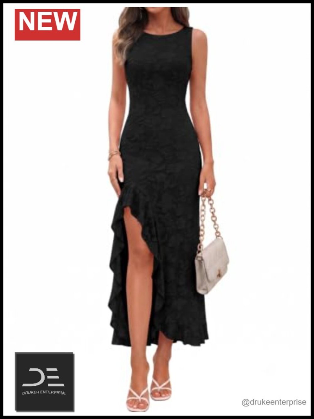 IWD Women's Boat Neck Sleeveless Ruffled High Slit Maxi Dress Cocktail